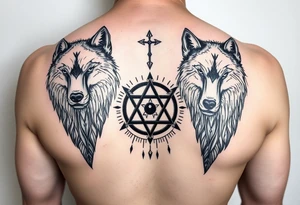 powerful wolfs with a Triskelion also yin and yang and some meaningful stripes tattoo idea