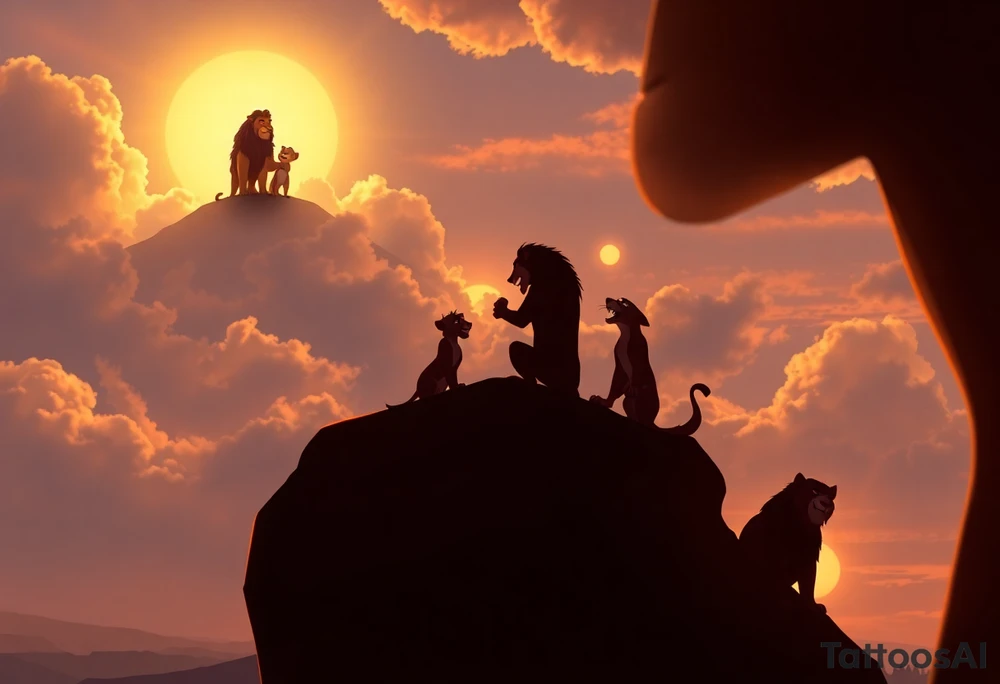 Top of the Shoulder (Crown Area):
* Mufasa in the clouds, majestic and wise, watching over everything below. Use soft shading and glowing edges to symbolize his spiritual presence.
Upper Arm (Bicep):
* Rafiki holding baby Simba up on Pride Rock. This can be the emotional centerpiece. Include sun rays breaking through clouds to give it a divine feel.
Mid Arm (Outer Bicep/Tricep):
* Scar lurking in the shadows with the three hyenas (Shenzi, Banzai, and Ed) around him, showing contrast between good and evil.
* Let the shading here be darker and more dramatic.
Inner Arm (Bicep):
* Timon and Pumbaa dancing or lounging, maybe with a small “Hakuna Matata” banner swirling above them. Their playfulness adds lightness and humor.
Forearm (Outer):
* Adult Simba and Nala side by side, looking into the distance, symbolizing growth, strength, and love.
* Behind them, a silhouette of the jungle or Pride Rock at sunset.
Forearm (Inner):
* Zazu flying mid-flight, trailing a scroll or message banner, maybe with a meaningful quote from the movie like: "Remember who you are."
Wrist/Wrap Around:
* Pawprints going around your wrist, fading out like Simba’s journey.
* Maybe a small Rafiki-drawn version of Simba’s symbol from the cave. tattoo idea