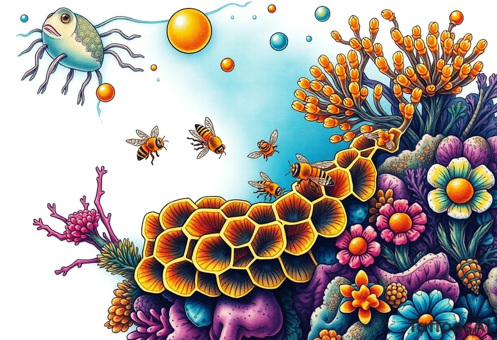 Coral reef scene with honey bees swimming on honey comb tattoo idea