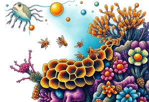 Coral reef scene with honey bees swimming on honey comb tattoo idea