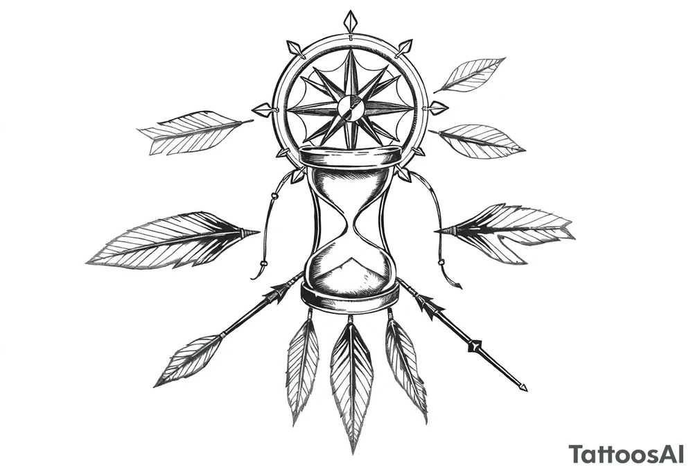 Detailed arrows pointing different ways with hourglass between and compass over top dream catcher circling the entire tattoo idea