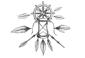 Detailed arrows pointing different ways with hourglass between and compass over top dream catcher circling the entire tattoo idea