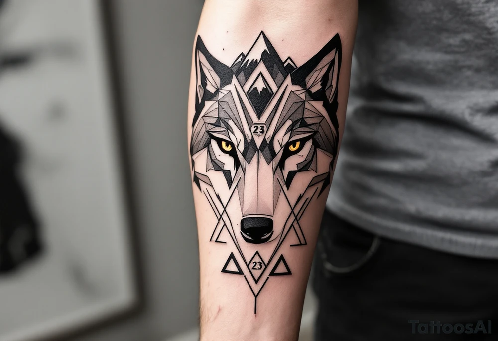 **Tattoo Description for the Left Arm**

The tattoo should be a half-sleeve on the left forearm, in black and gray with simple geometric details and realistic shading.

### **Key Elements:**

1. **Wolf Eyes (Partial)**  
   - Partial wolf eyes with a strong, focused gaze.  
   - Geometric lines to suggest instinct, leadership, and strength.

2. **Number 23**  
   - The number 23 placed near the eyes or subtly in the design.

3. **Mountain or Peak**  
   - A simple mountain above the eyes, representing ambition and the goal of becoming a millionaire by age 37.

4. **Three Interwoven Triangles**  
   - Three interlocked triangles below the eyes, symbolizing family connection and brotherhood.

5. **Motion Lines**  
   - Clean lines suggesting movement, speed, and a dynamic personality.

6. **Nürburgring Curves**  
   - Subtle, abstract curves in the background inspired by the Nürburgring circuit, representing a passion for motorsport.

### **Overall Composition:**
- The wolf's eyes as the central focus.  
- Balanced design with clean lines and smooth shading.
- Geometric and minimalistic style.

This tattoo should convey ambition, strength, growth, family, and a passion for motorsport. tattoo idea
