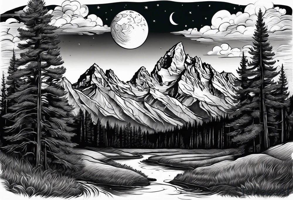 Half sleeve of Teton mountain range, moon In the sky and trees lining the bottom of tattoo tattoo idea