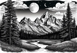 Half sleeve of Teton mountain range, moon In the sky and trees lining the bottom of tattoo tattoo idea
