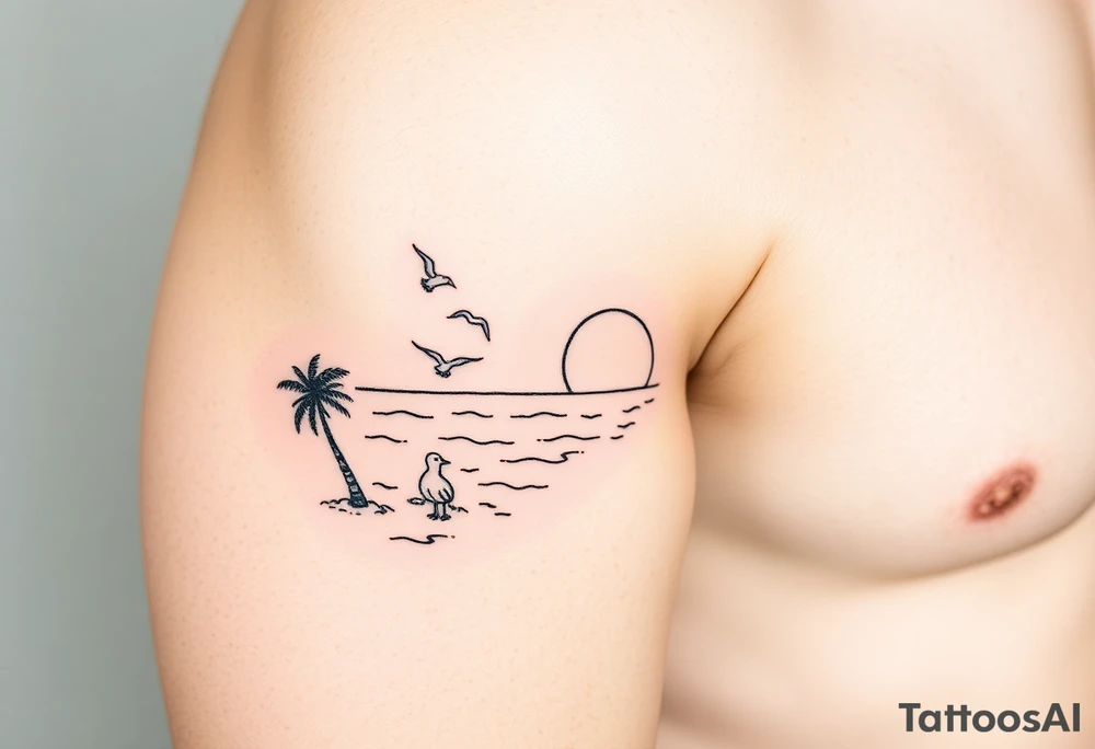 fine line, peaceful, serene, timeless, ocean, sand, palm tree, seagulls, sun tattoo idea