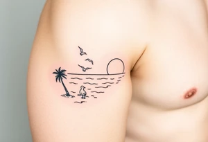 fine line, peaceful, serene, timeless, ocean, sand, palm tree, seagulls, sun tattoo idea