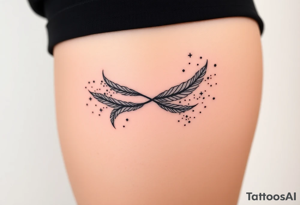infinity symbol woven with floating feathers and stardust tattoo idea