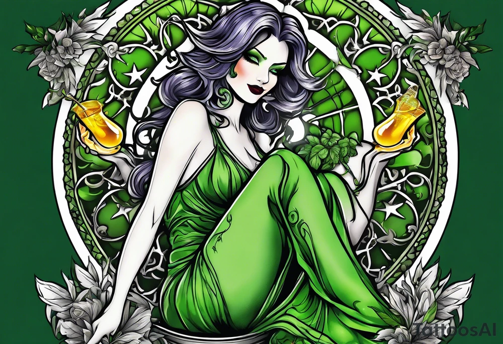 evil green fairy holding a glass of absinthe, wormwood and star anise trim tattoo idea