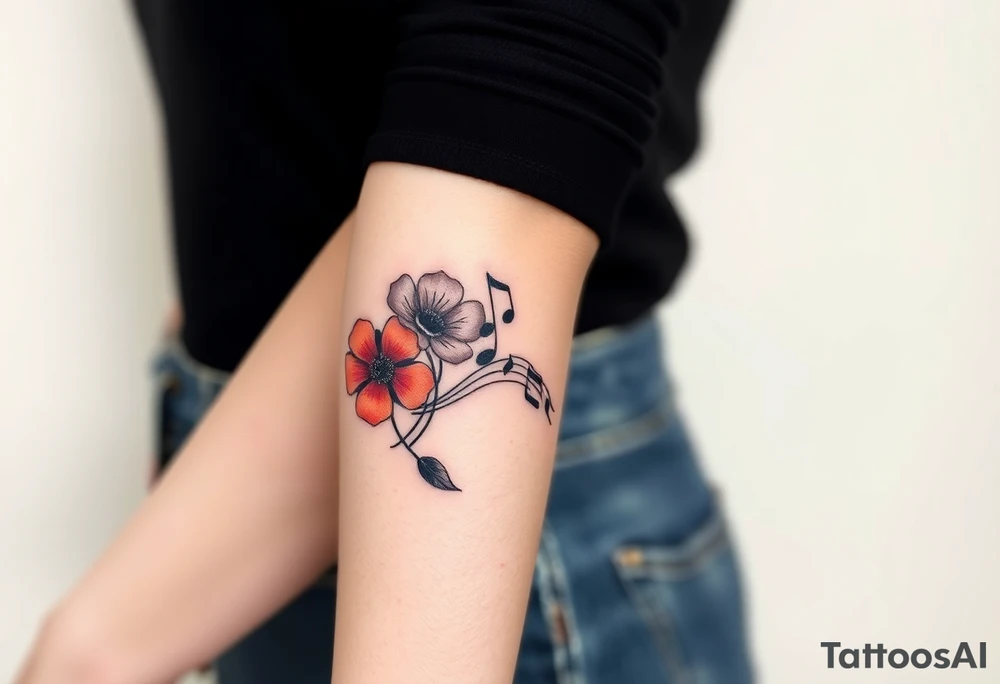 Red flowers with black music notes tattoo idea