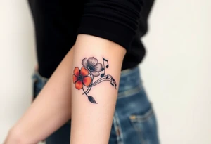 Red flowers with black music notes tattoo idea