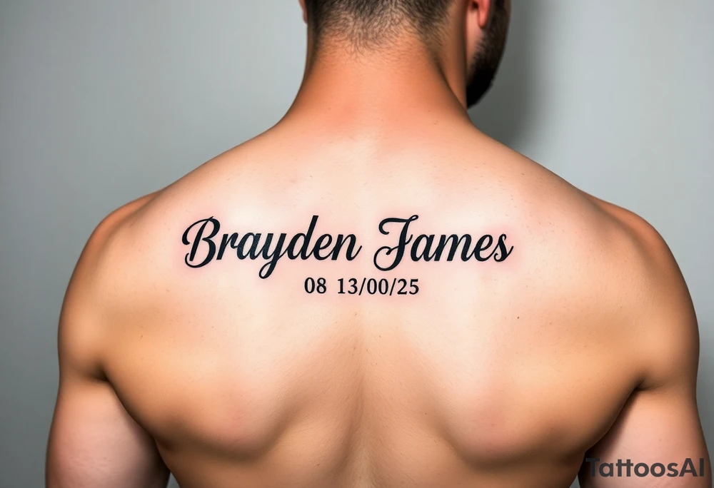Brayden James name tattoo on forearm with dob 08/30/25 mother son dedicated tattoo idea