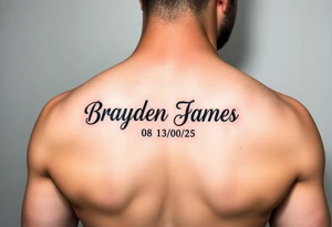 Brayden James name tattoo on forearm with dob 08/30/25 mother son dedicated tattoo idea