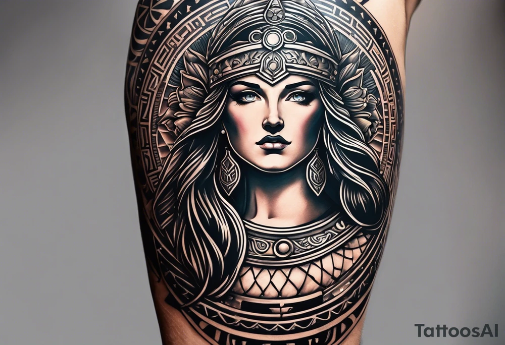 A full tattoo sleeve inspired by Greek mythology, centered around the Greek goddess Athena. Athena is portrayed with a strong, commanding presence, symbolizing wisdom, strength, and warfare. The design emphasizes bold, clean lines with a focus on sharp contrasts, creating a powerful and dynamic visual impact. Surrounding Athena, incorporate a mandala effect with geometric patterns that evoke a sense of order and strategy, reflecting her role as a warrior goddess. The sleeve also features masculine elements such as a fierce owl with piercing eyes, an ornate warrior’s helmet, and olive branches intertwined with Spartan-style armor, all seamlessly integrated into the design. The overall aesthetic is strong, rugged, and heroic, capturing the essence of Athena’s wisdom and martial prowess in a way that resonates with a masculine energy. tattoo idea