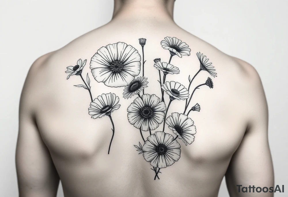 Create an image of an upper arm tattoo (from shoulder cap to just above the elbow) comprised of California poppies, California blackberries, gray’s lupine, marsh marigold, Indian paintbrush, one daisy, and an orange and orange blossom tattoo idea