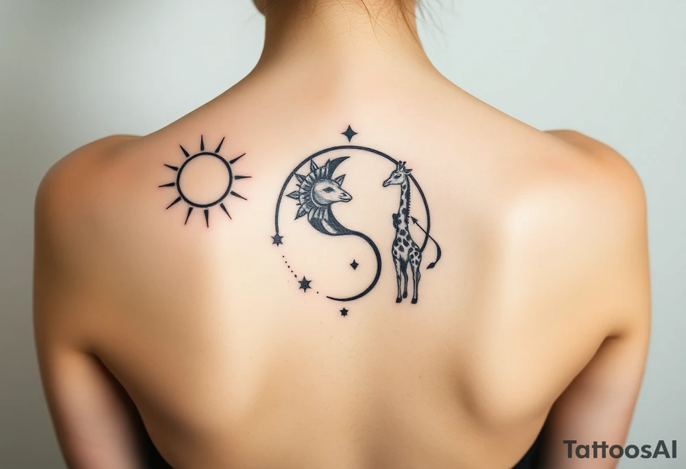 Gemini and sagittarius in a yin and yang theme, sun and moons with a giraffe tattoo idea