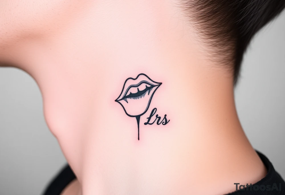kiss tattooed on the neck with the initials lrs beside it tattoo idea