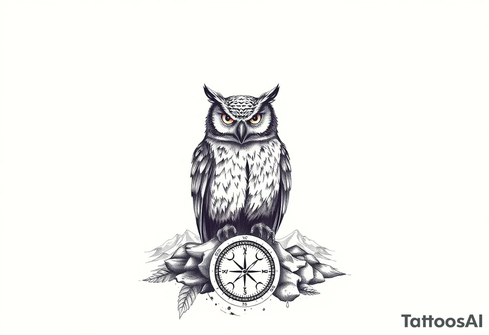an owl,a compass,landscape. tattoo idea