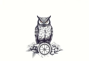 an owl,a compass,landscape. tattoo idea