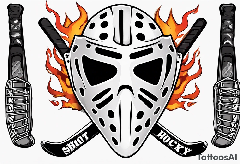 goalie mask with crossed hockey sticks and flames that says "SHOT HOCKEY" tattoo idea