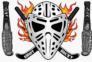 goalie mask with crossed hockey sticks and flames that says "SHOT HOCKEY" tattoo idea