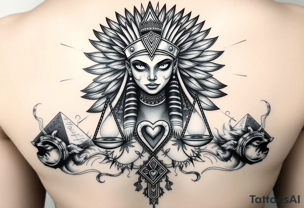 “Super realistic black and grey tattoo of the Egyptian goddess Ma’at, depicted as a regal woman with an ostrich feather headdress, intense glowing eyes, and intricate ancient Egyptian jewelry. She stands or floats amidst swirling cosmic energy and beams of light, with subtle hieroglyphics and pyramids in the background. Incorporate the Scales of Justice—one side holding a heart, the other Ma’at’s feather—glowing with ethereal energy. Emphasize dramatic lighting, deep shadows, and surreal, mystical atmosphere to match a sleeve with Anubis and cosmic motifs. Design should flow with existing sleeve art, using soft transitions and layered textures. tattoo idea
