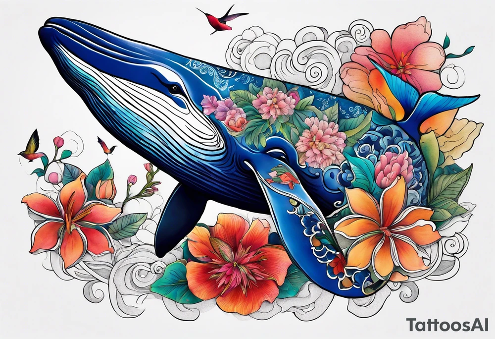 Surreal, whale, hummingbird, lady face, flowers, bold color, collage tattoo idea