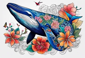 Surreal, whale, hummingbird, lady face, flowers, bold color, collage tattoo idea