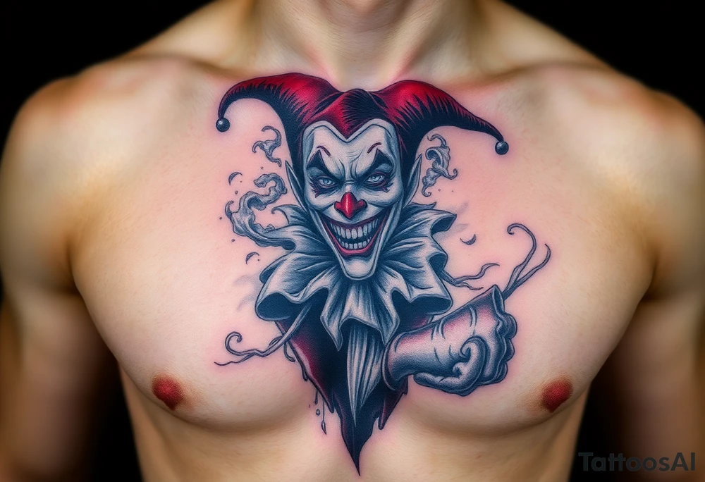 jester in a fog of smoke tattoo idea