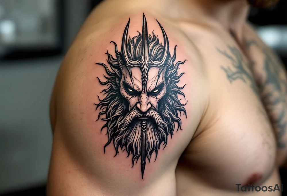 close-up realistic poseidon behind a trident tattoo idea