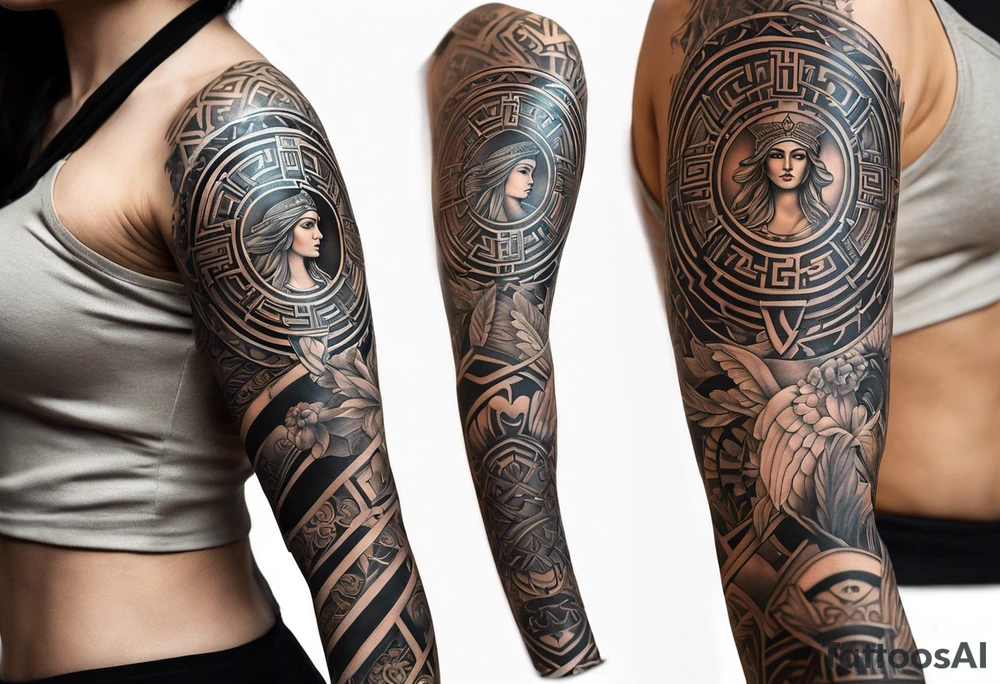 A full tattoo sleeve inspired by Greek mythology, centered around the Greek goddess Athena. Athena is portrayed with a strong, commanding presence, symbolizing wisdom, strength, and warfare. The design emphasizes bold, clean lines with a focus on sharp contrasts, creating a powerful and dynamic visual impact. Surrounding Athena, incorporate a mandala effect with geometric patterns that evoke a sense of order and strategy, reflecting her role as a warrior goddess. The sleeve also features masculine elements such as a fierce owl with piercing eyes, an ornate warrior’s helmet, and olive branches intertwined with Spartan-style armor, all seamlessly integrated into the design. The overall aesthetic is strong, rugged, and heroic, capturing the essence of Athena’s wisdom and martial prowess in a way that resonates with a masculine energy. tattoo idea