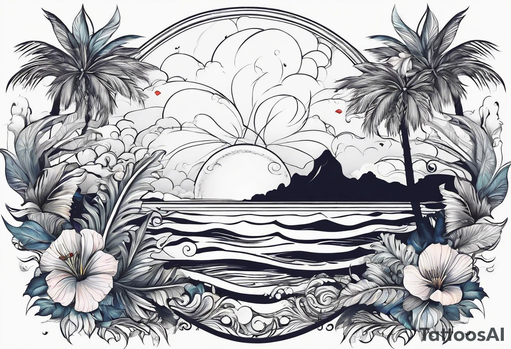 sea,, night, flower, palm, tattoo idea