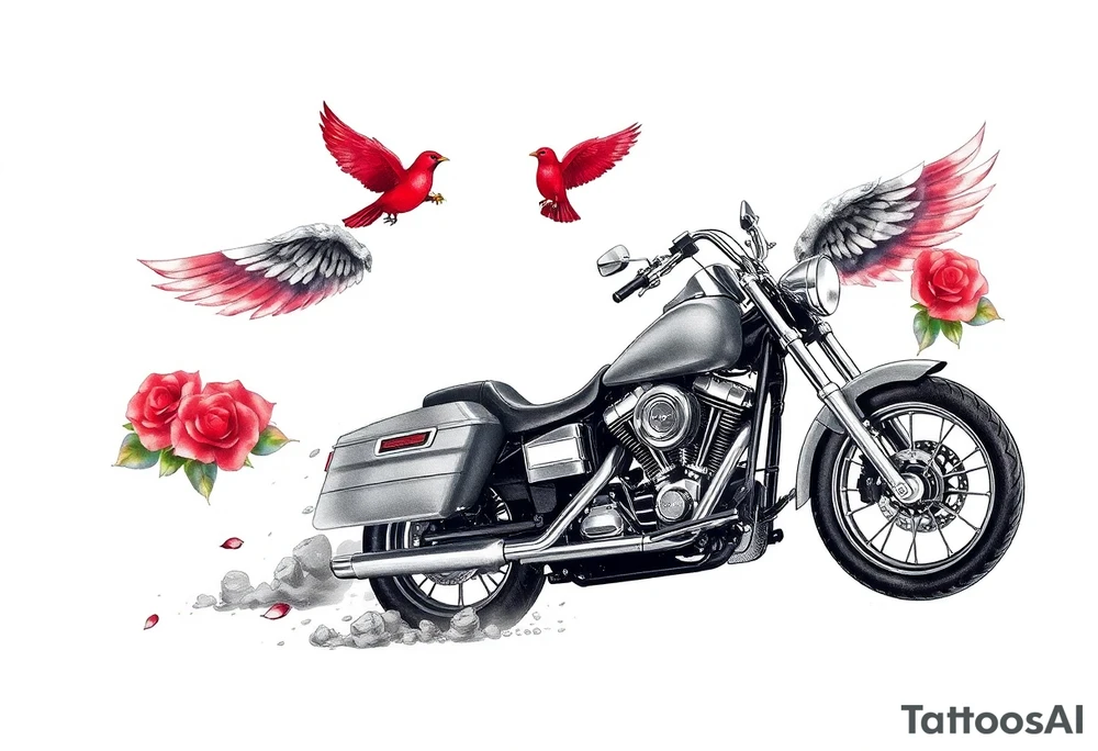 Harley grey motorcycle driving away, two red birds flying, roses, flames, angel wings tattoo idea