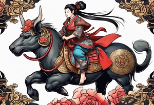 Rat in the style of a shogun warrior princess, riding an armored war ox, front facing tattoo idea