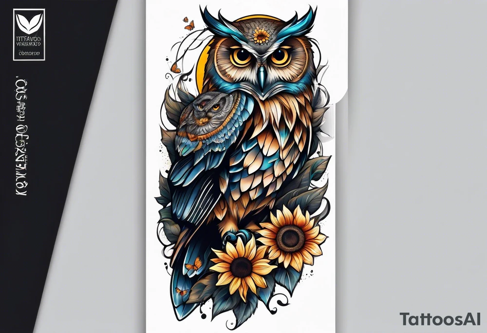 Sleeve with an owl, sunflower and butterfly tattoo idea