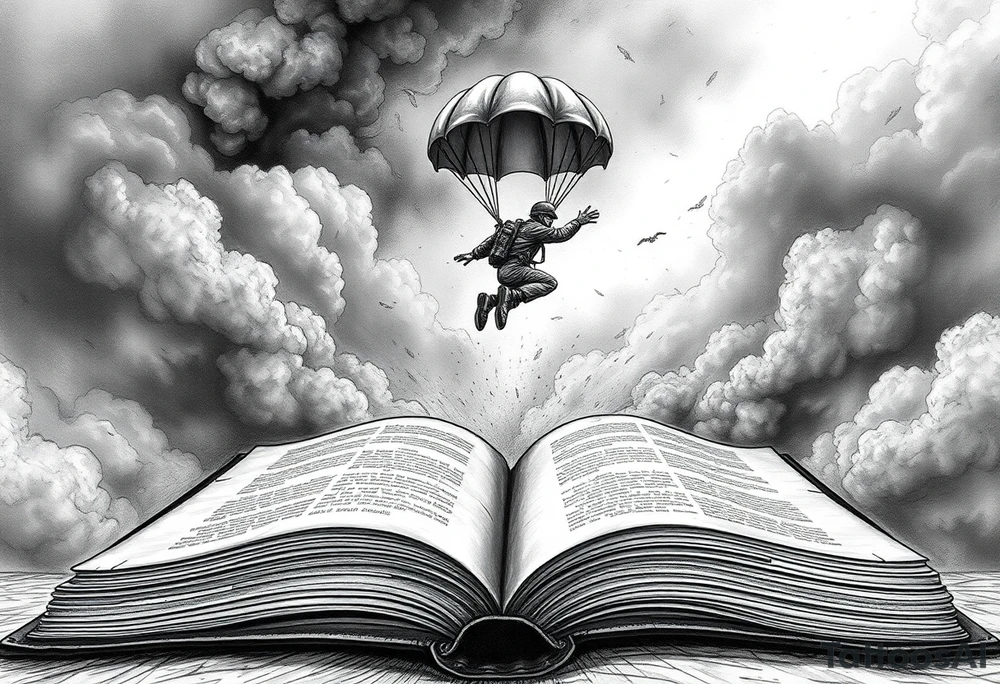 “A parachuting soldier descending from a storm-torn sky, smoke, embers and debris swirling around; the soldier is in mid-air, detailed gear (helmet, boots, rifle slung over shoulder), just about to land into an open, aged book with weathered pages spread wide. The book is large, ancient leather bound, its pages fluttering, cracks or tears on edges. The scene is dramatic, surreal: perspective from low so you see the book in foreground, sky above dark and chaotic, contrast between harsh sky and the calm, almost sacred book. Style: high-contrast black & grey with some muted earth tones and a single vivid accent colour (e.g. red). Fine line work, slightly realistic with stylised surreal elements; shadows deep; textures of leather, cloth, smoke detailed.” tattoo idea