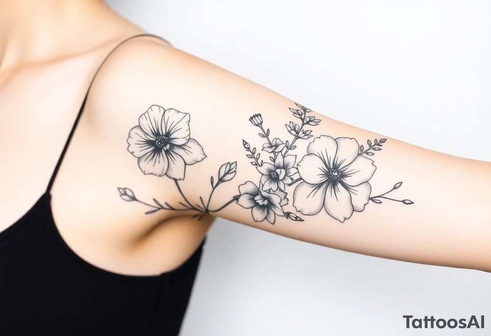 Floral Elements: Incorporate state flowers—bluebonnet (Texas), mountain laurel (Connecticut), and coast rhododendron (Washington
Arm sleeve shoulder to elbow tattoo idea