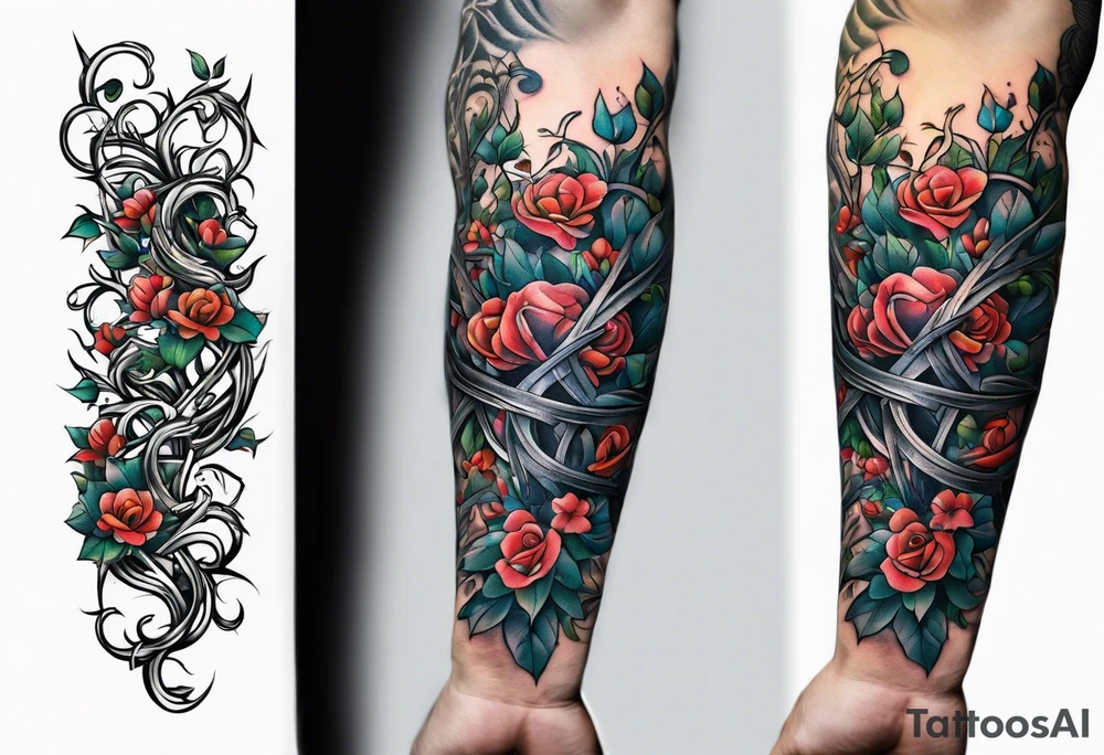 two thorn vines wrapping around arm tattoo idea