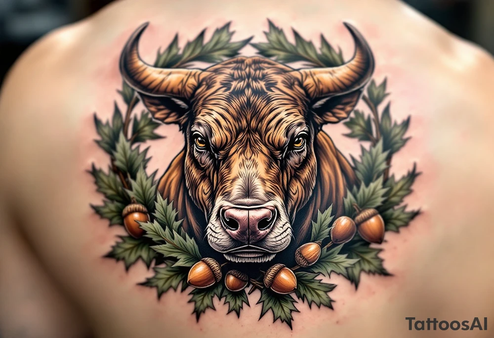 Staffbull in a Frame of Oak Leaves and Acorns
Symbol of strength and loyalty. A brown Staffbull in a natural frame of green oak leaves and brown acorns. Rich, earthy tones. tattoo idea