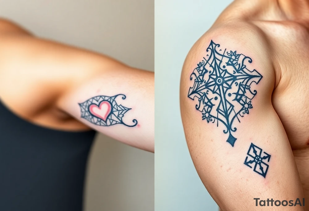 Cover right arm from shoulder to elbow, front and back.
Style is geométricas and tribal. Include healthy and wellness symbols, making a connection between the symbols. Include hearts and names of son and daughter small hidden in the symbols: Isabela, Gabriel, Laura.
Include cross
Draw should cover entire area tattoo idea
