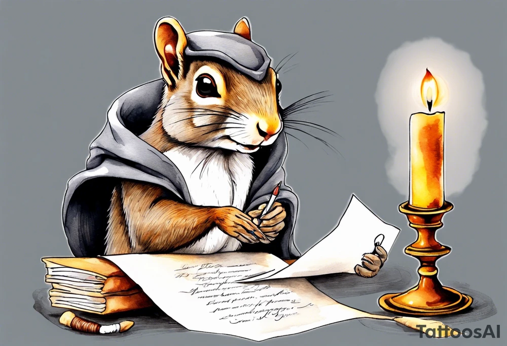 an elderly grey squirrel with a beard dressed in a grey cloak sitting in the dark holding a feather quill writing a letter by candlelight tattoo idea