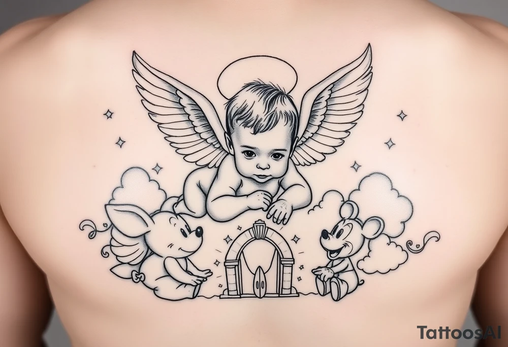 Babyboy with angel wings crawling to clouds and heavens gate surrounded by Disney characters winnie the poo, piglet, eeyor, baby mickey and baby minnie mouse as babies tattoo idea