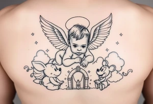 Babyboy with angel wings crawling to clouds and heavens gate surrounded by Disney characters winnie the poo, piglet, eeyor, baby mickey and baby minnie mouse as babies tattoo idea