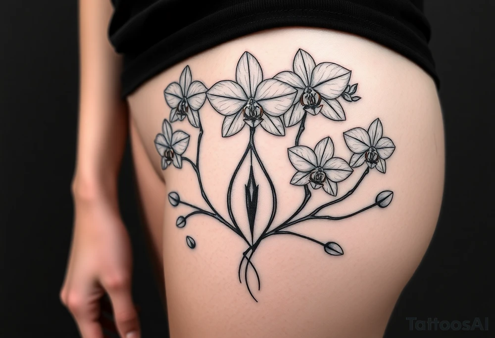 Five delicate fine line orchids different size realistic a mix with vagina female. Are connected with branches tattoo idea