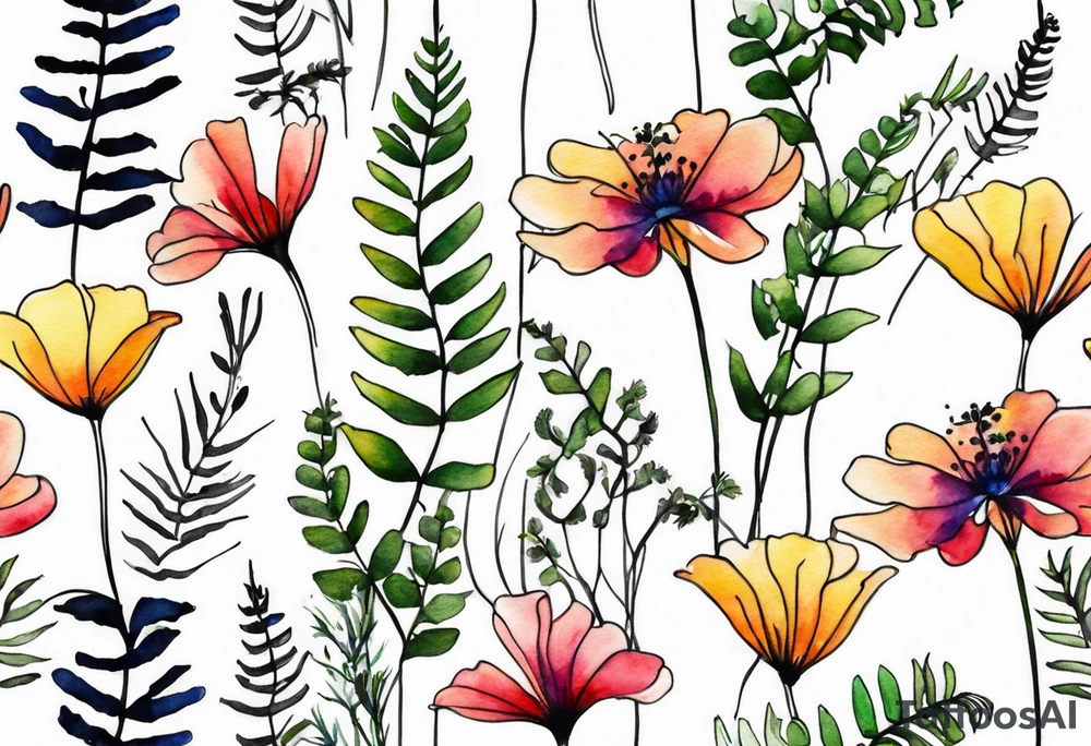 Multi colored wild flowers long stems bouquet with ferns all watercolor tattoo idea