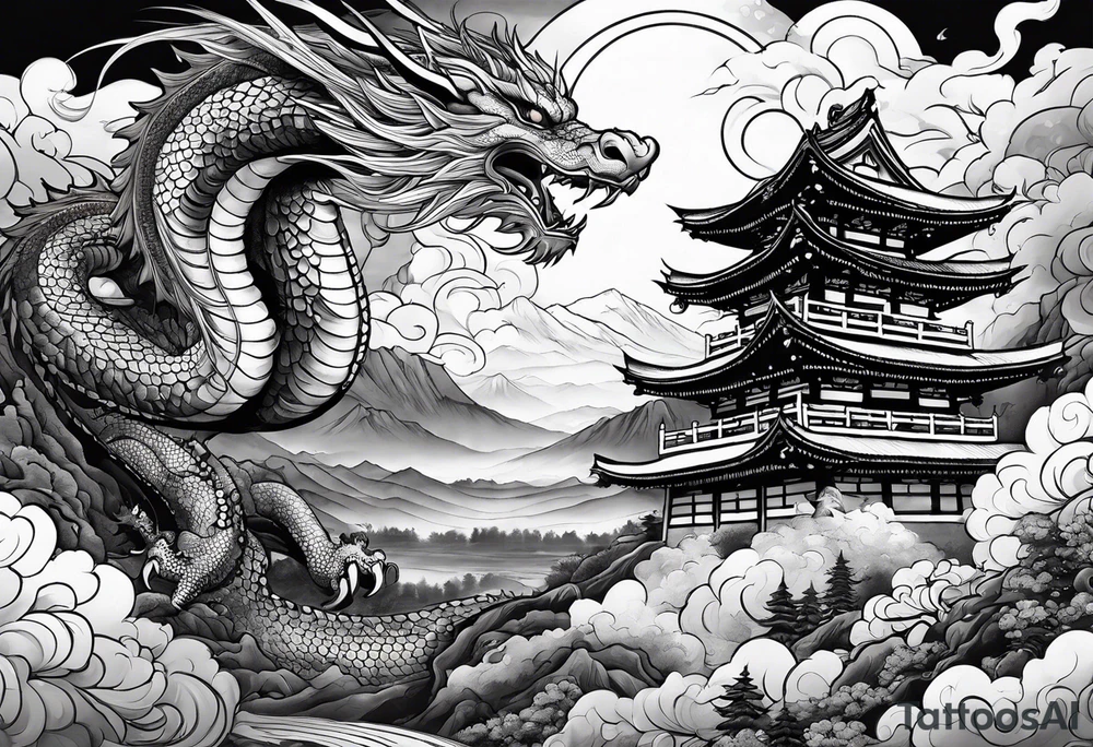 beautiful warrior fairy and a dragon and the background will be mountains, clouds, and a Japanese building tattoo idea
