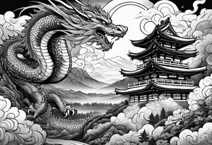 beautiful warrior fairy and a dragon and the background will be mountains, clouds, and a Japanese building tattoo idea