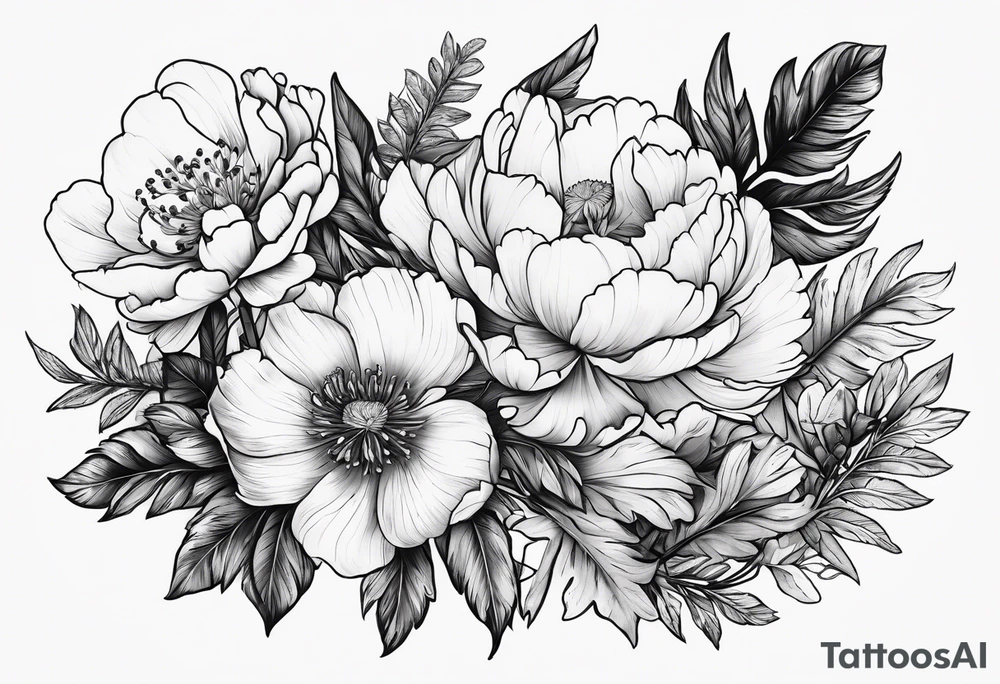 Peony flowers, fern fronds, cherokee rose, and hellebores tattoo idea