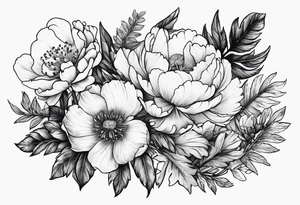 Peony flowers, fern fronds, cherokee rose, and hellebores tattoo idea