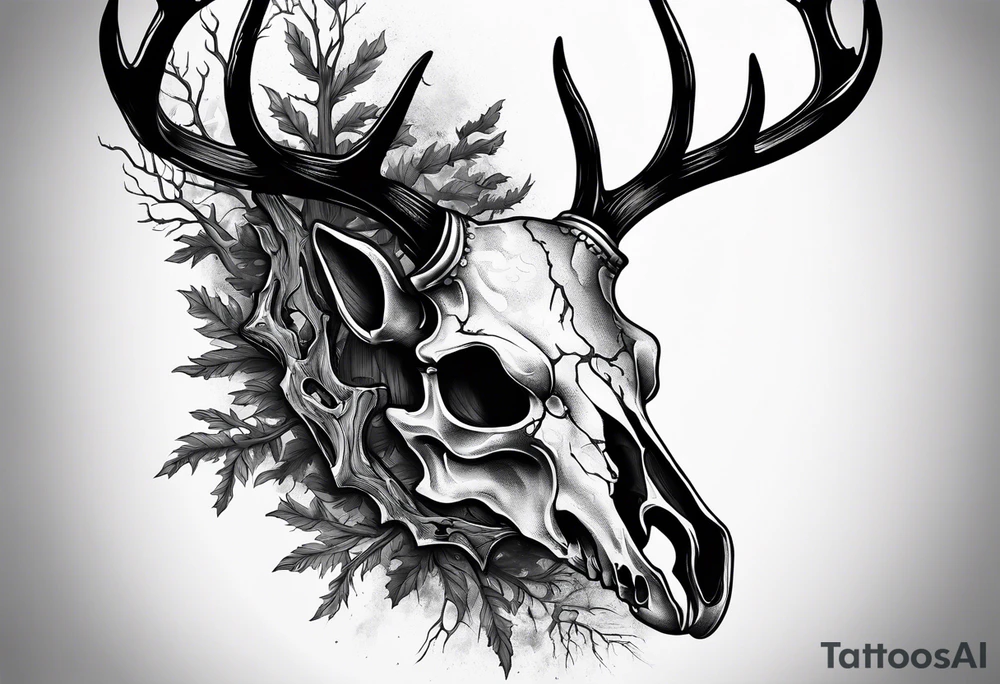 A SCARY side view of a decayed deer skull NO SKIN JUST BONE surrounded by a forest fire in background tattoo idea